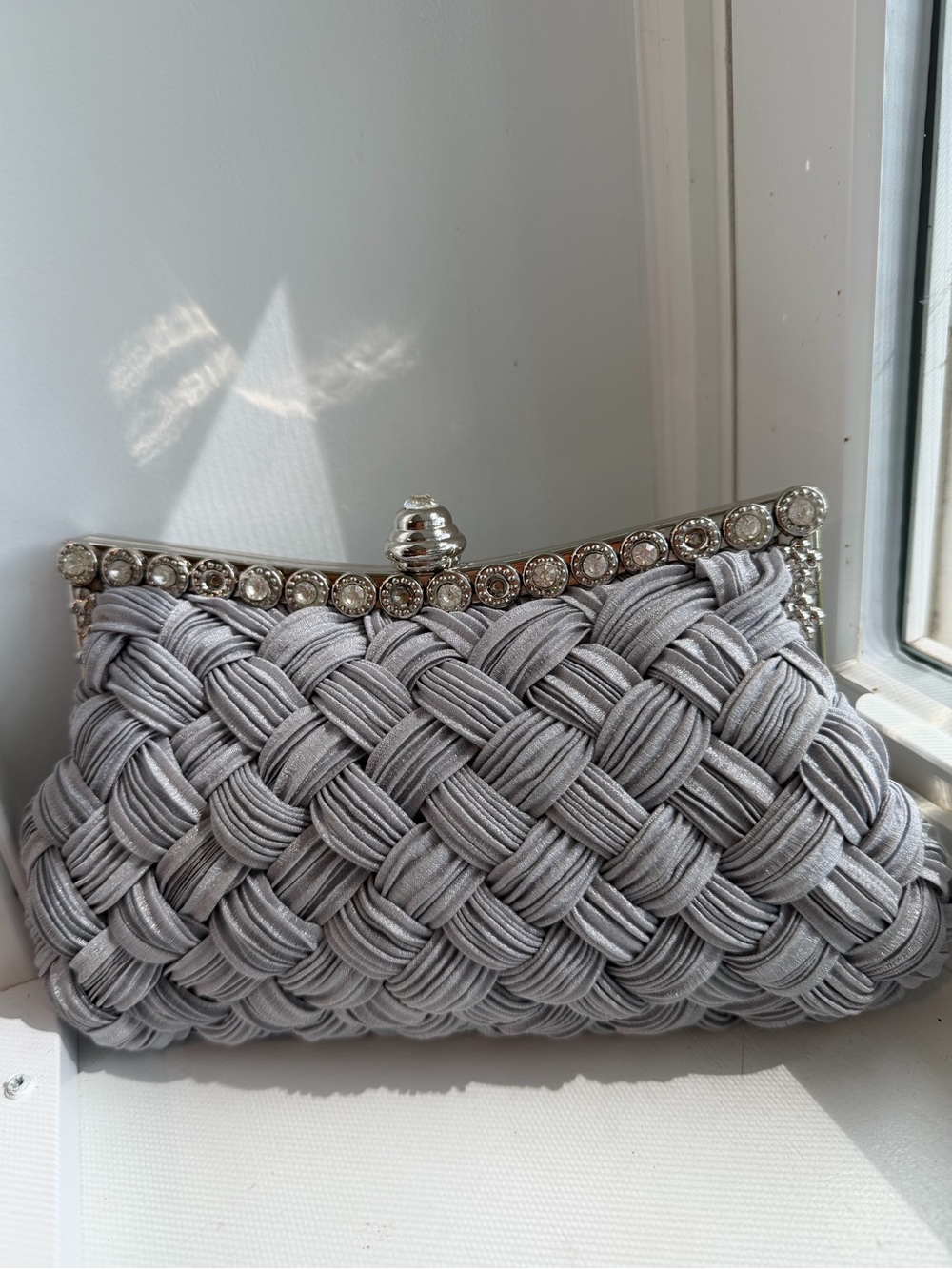 Woven Silver Gray Rhinestone Frame Clutch